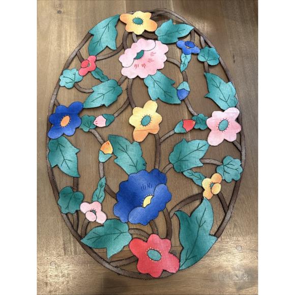 Hand Embroidery Floral Appliqué Cotton Linen Place Mats & Table Runner 9pcs Vtg